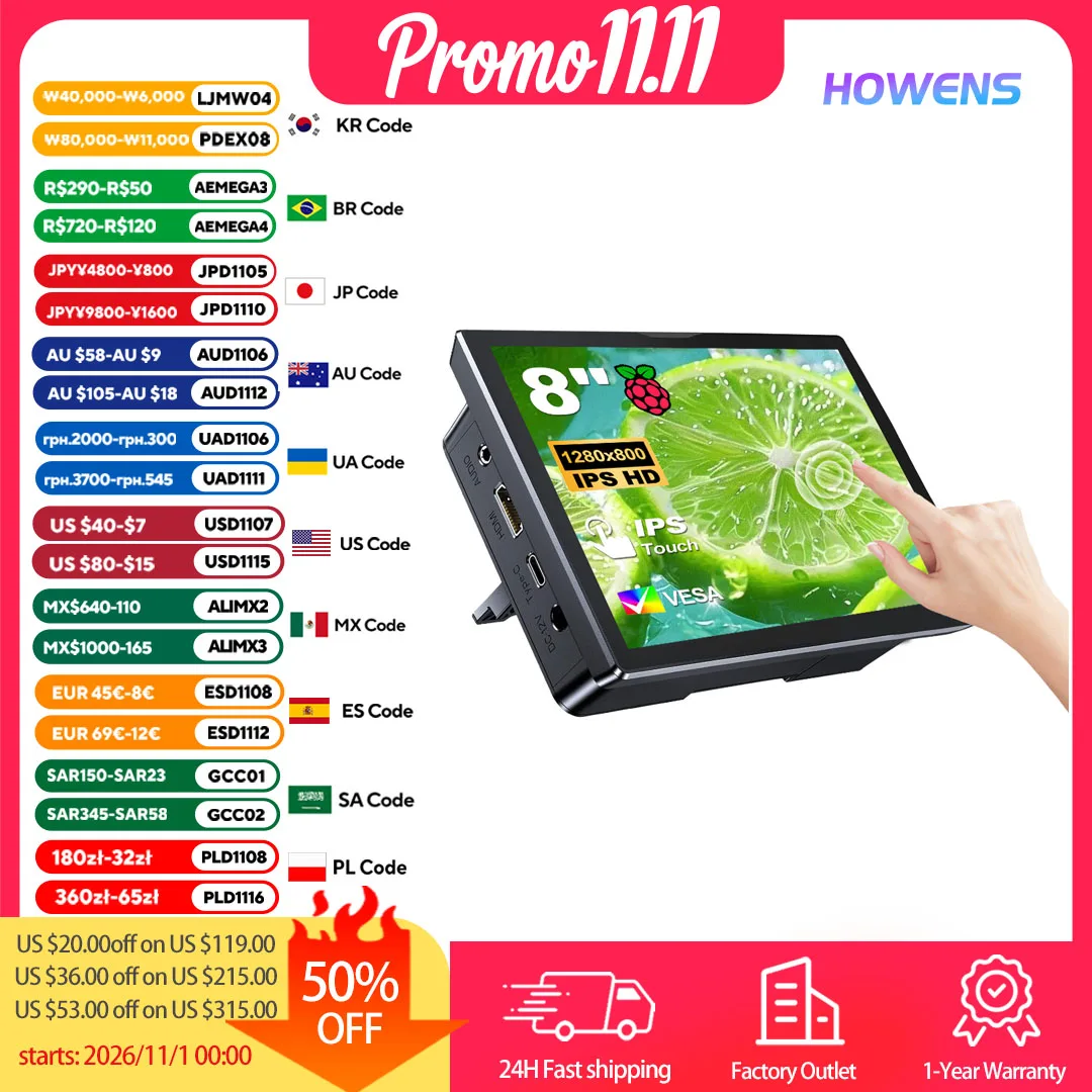 8 inch Raspberry Pi Touch Screen 1920x1200 800IPS Screen Small HDMI Monitor for Raspberry Pi 5/4/3/2/Zero/B/B+ Jetson Nano Win