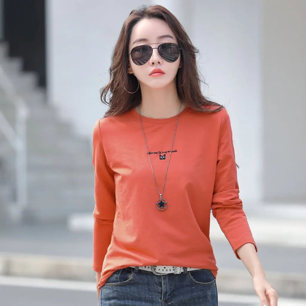 

Women's Korean Style round Neck Long Sleeve T-Shirt Large Size Embroidered Bottoming Shirt 95% Cotton for Autumn Winter