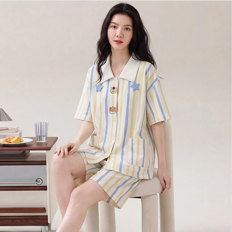 Pure cotton short sleeved pajamas for women, summer 2026 new item, thin design, cute cartoon cardigan shorts for women, home sui
