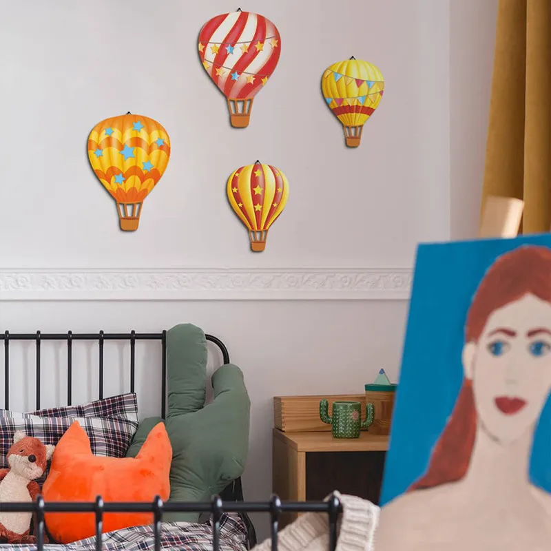 4pcs Colorful Painted Wooden Hot Air Balloon Wall Ornaments Set Kids Room Hanging Decoration Living Room Home Decor Wood Crafts