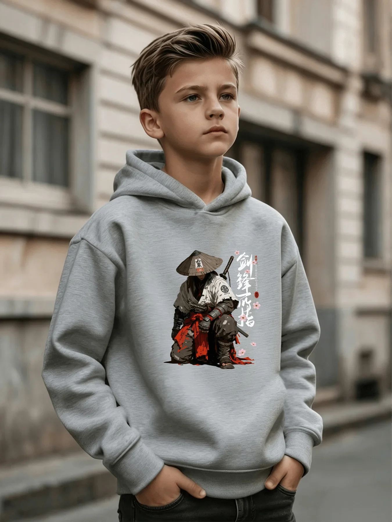 Kids Warrior Graphic Hoodie Autumn Winter Fleece Lined Warm Japanese Style Character Print Casual Pullover Hooded Sweatshirt