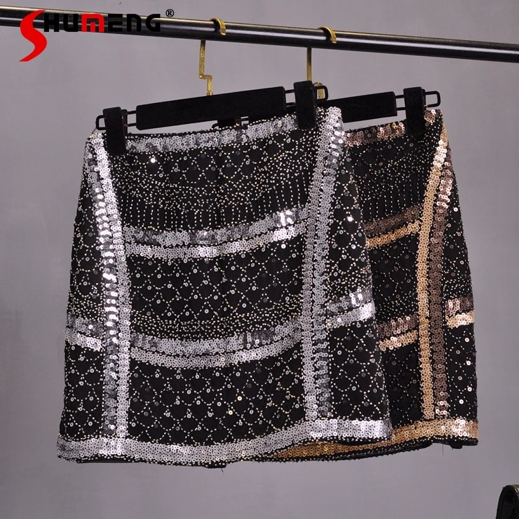 

Goddess Elegant 2022 Spring Women Fashion Above Knee Skirt Ladies Simple Streetwear Embroidery Sequins Beaded Slim Fit Hip Skirt