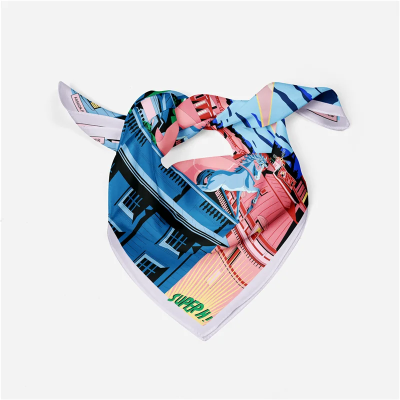 Foulards carrés en sergé pour femmes, foulards de peinture Bulidinglon, bandana, petits hijabs, bande de sauna aught, nœuds papillon féminins, 53cm