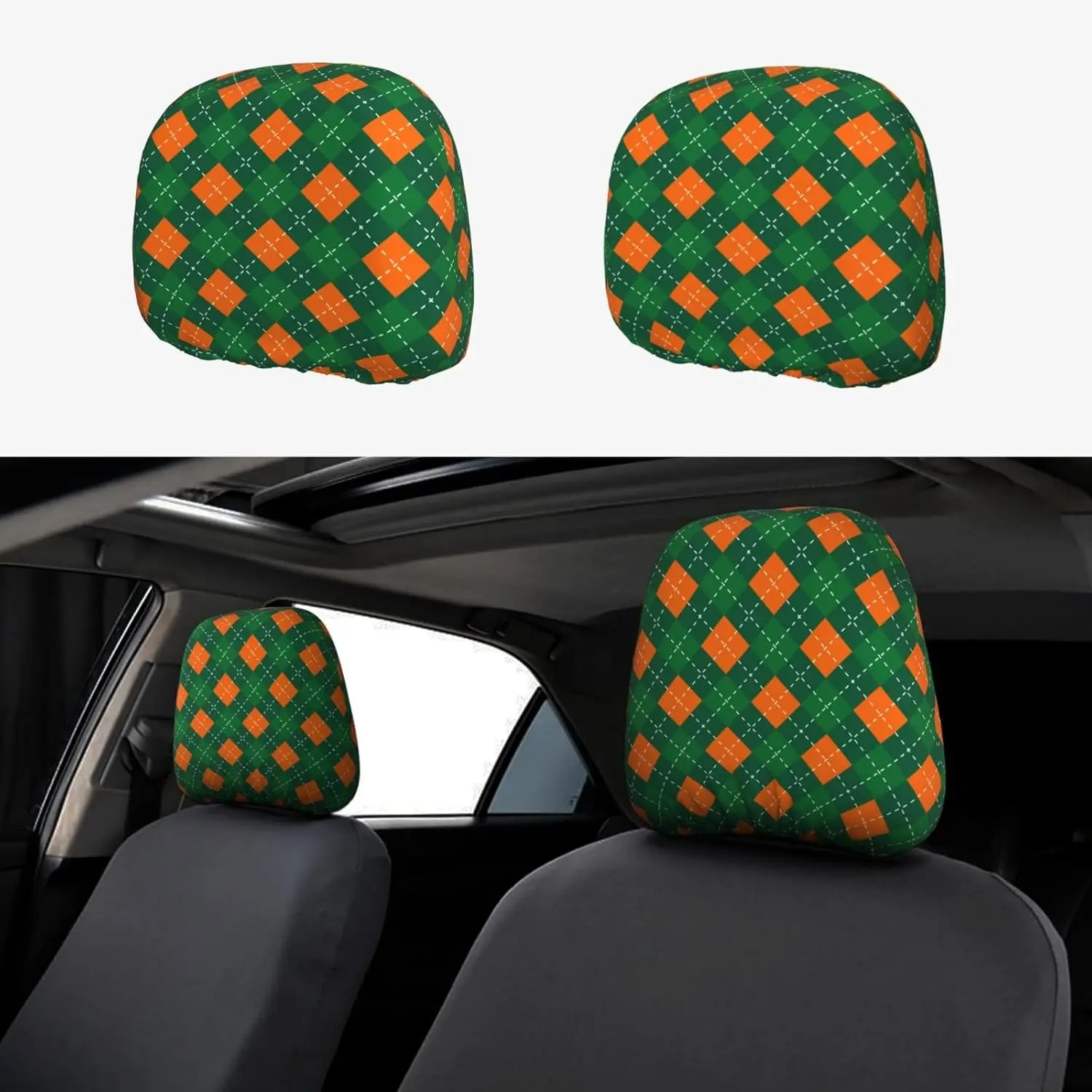 Car Headrest Cover Protective Decoration St-Patrick-Day-Green-Orange-Plaid Universal 2 Pieces Car Trucks Headrest Pillow Cover