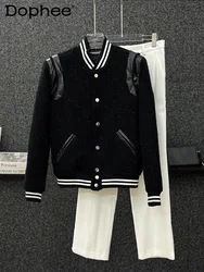 Baseball Jackets Men's 2024 Autumn Winter New Fashion Versatile Handsome Loose Casual High-End Woolen Splicing Leather Jacket