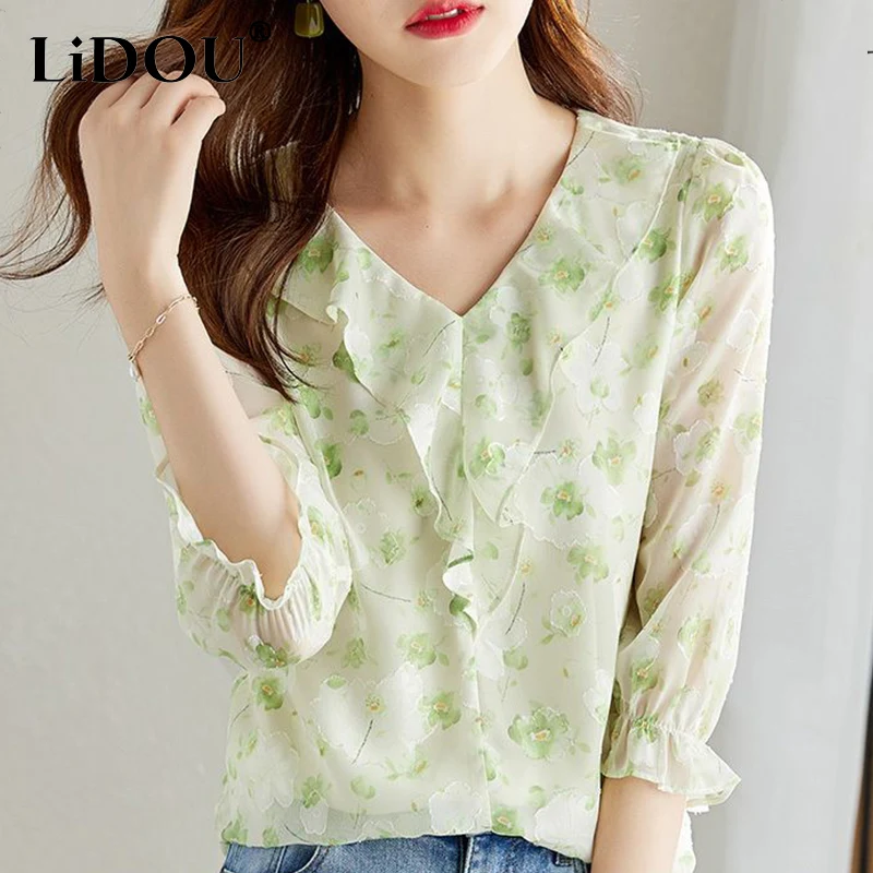 

Spring Summer New Elegant Fashion Floral Print Sweet Ruffles Chiffon Blouse Ladies 3/4 Sleeve Casual Shirt Women Pullover Tops