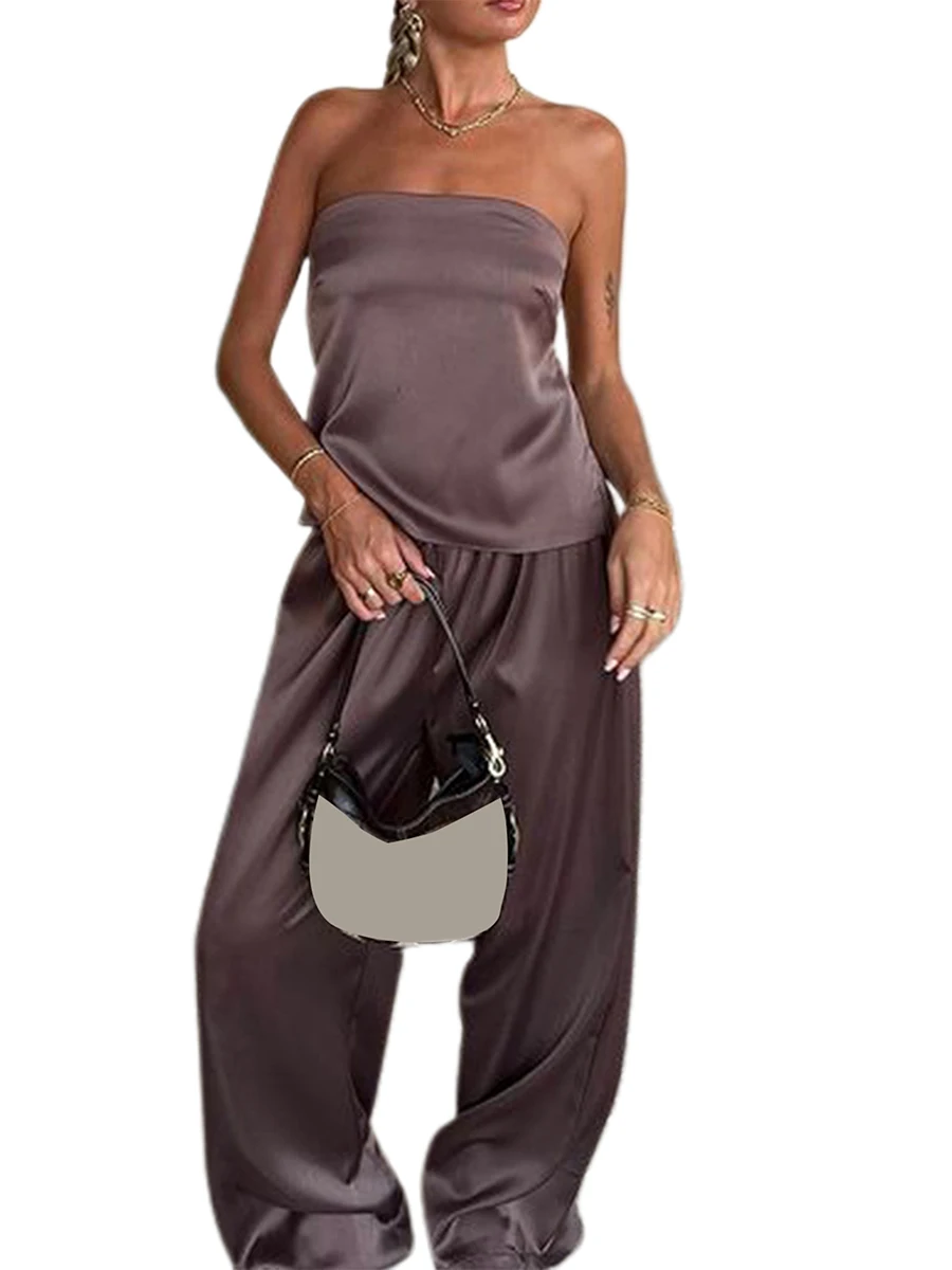 Conjunto Sexy de 2 piezas para mujer, Tops de tubo sin tirantes con Espalda descubierta, pantalones elásticos de pierna ancha, trajes Y2k, ropa de