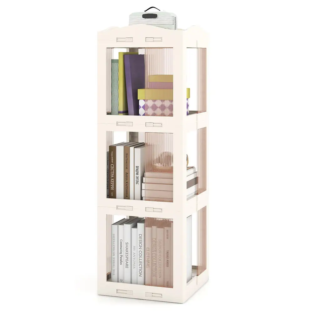 3-Tier Foldable Rotating Bookshelf With Swivel Base And Translucent Panels-White