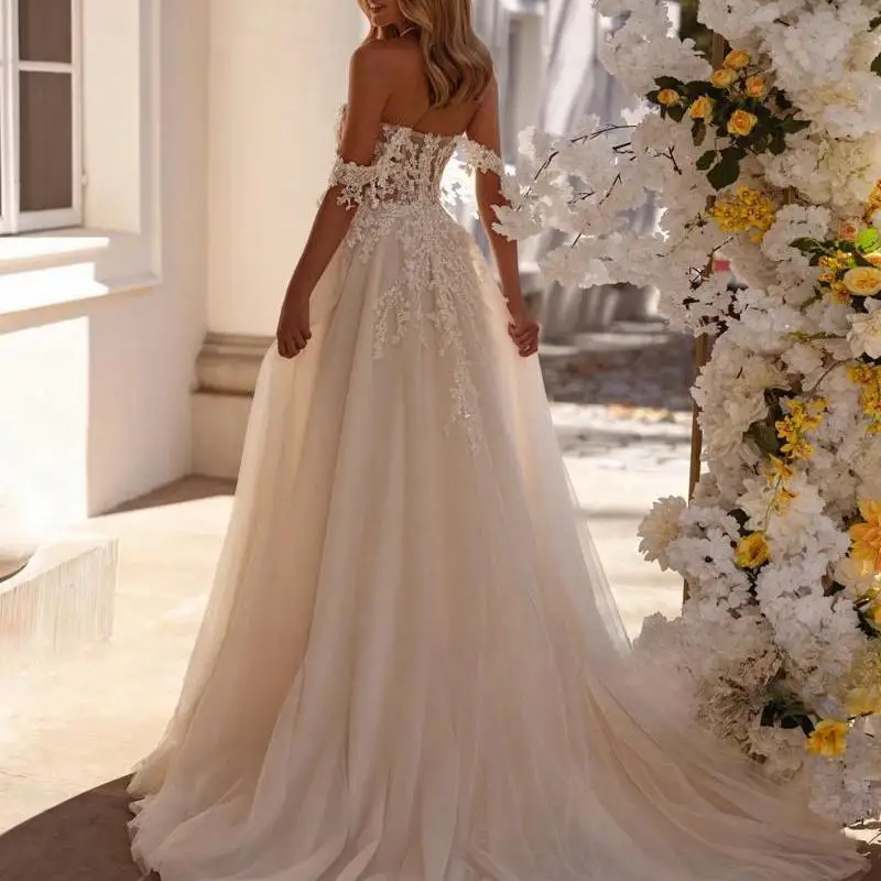 Romantic Sweetheart Beading Appliques A-Line Wedding Dress 2025 Sexy Off Shoulder Sparkly Tulle Front-Split Princess Bridal Gown