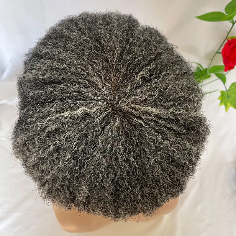 Afro Curly Toupee para homens, 360 Wave, Full Lace, sistema de cabelo humano cinza, 1B50, 4mm, 10x 8 Polegada, suíço