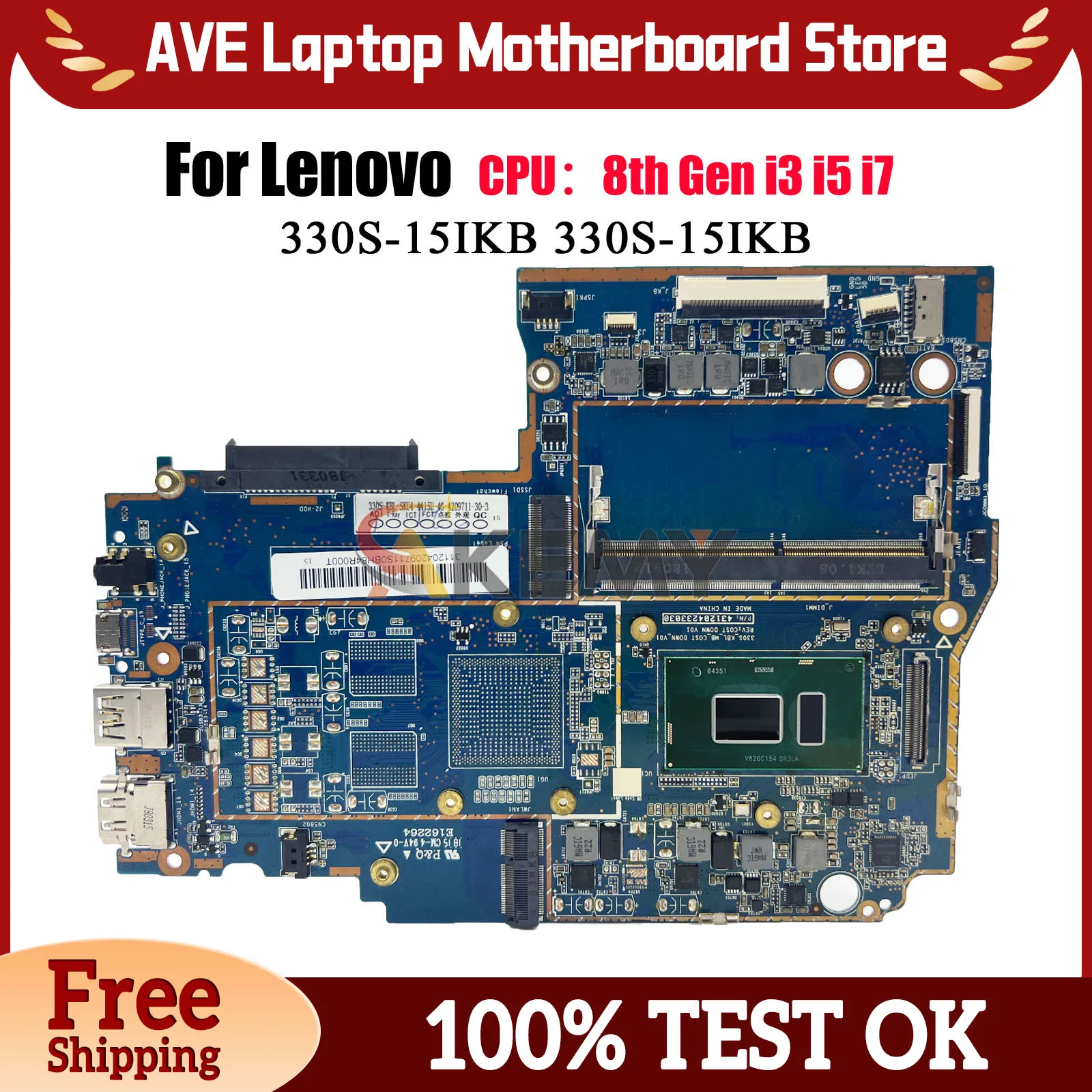 

330S-15IKB для Lenovo Ideapad 330S-15IKB, материнская плата для ноутбука с процессором I3 I5 I7, 4 ГБ ОЗУ UMA, 100% полностью протестирована