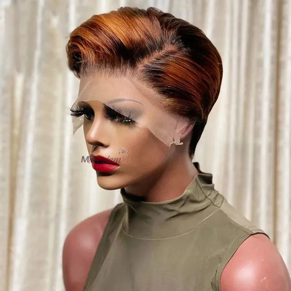 Braune Pixie-Cut Echthaarperücken für Frauen, Brasilianisches Blondes Ombre Kurzes Echthaar, Gerade Perücke mit Highlights, Vorgezupft – Detail 2