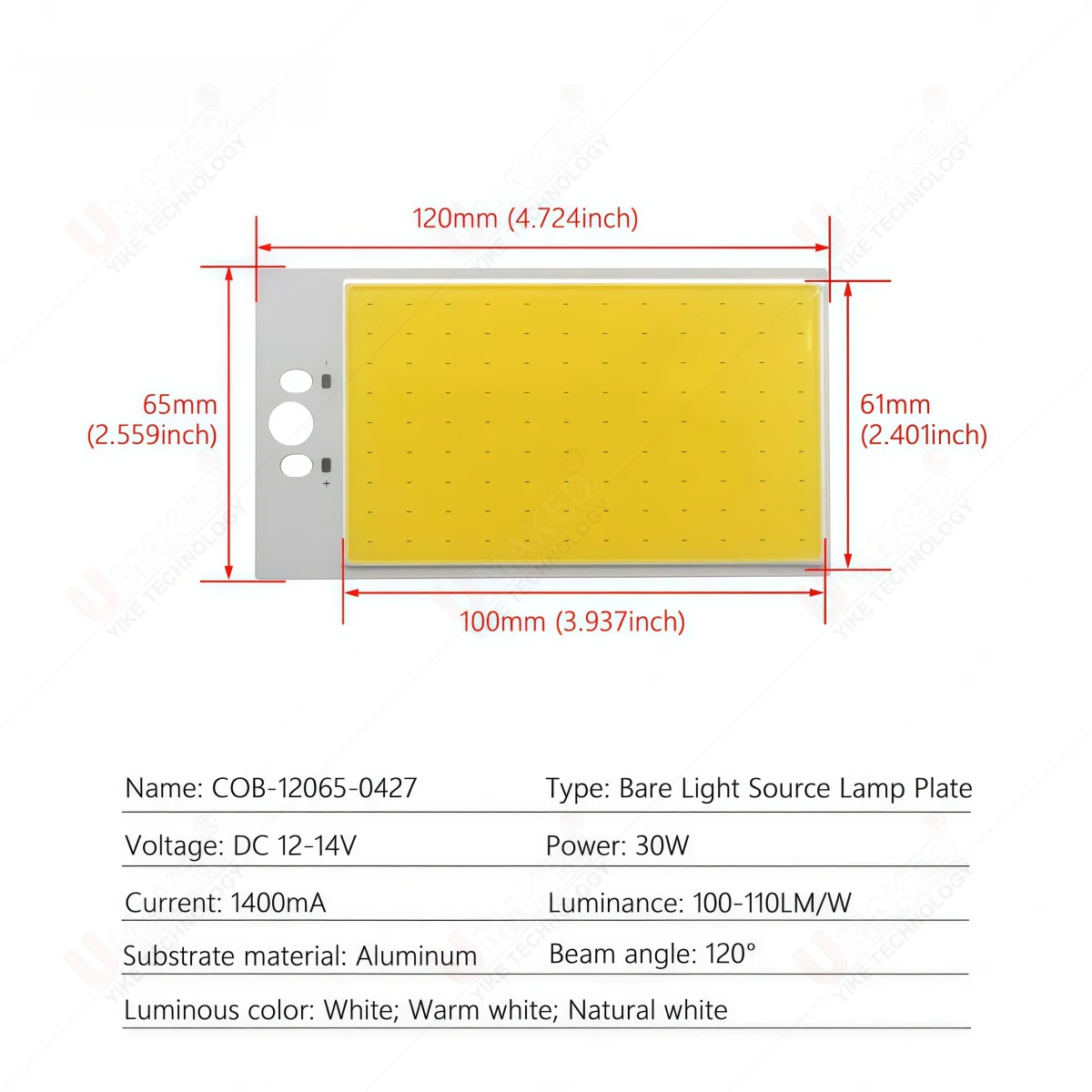 120*65mm 12V 30W LED COB Module DC 12-14V Integrated Surface Light Source Rectangle Aluminum Warm White 3000K 6000K Lamp Panel