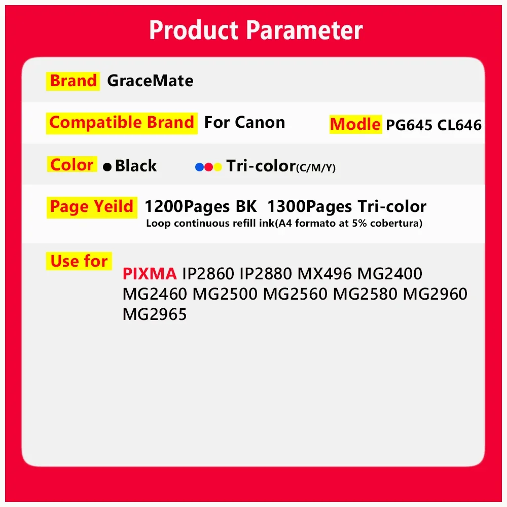 PG645 CL646 PG645XL CL646XL Refillable Ink Cartridge for Canon Pixma MG2460 2560 MX496 TS206 306 3160 3465 Printer