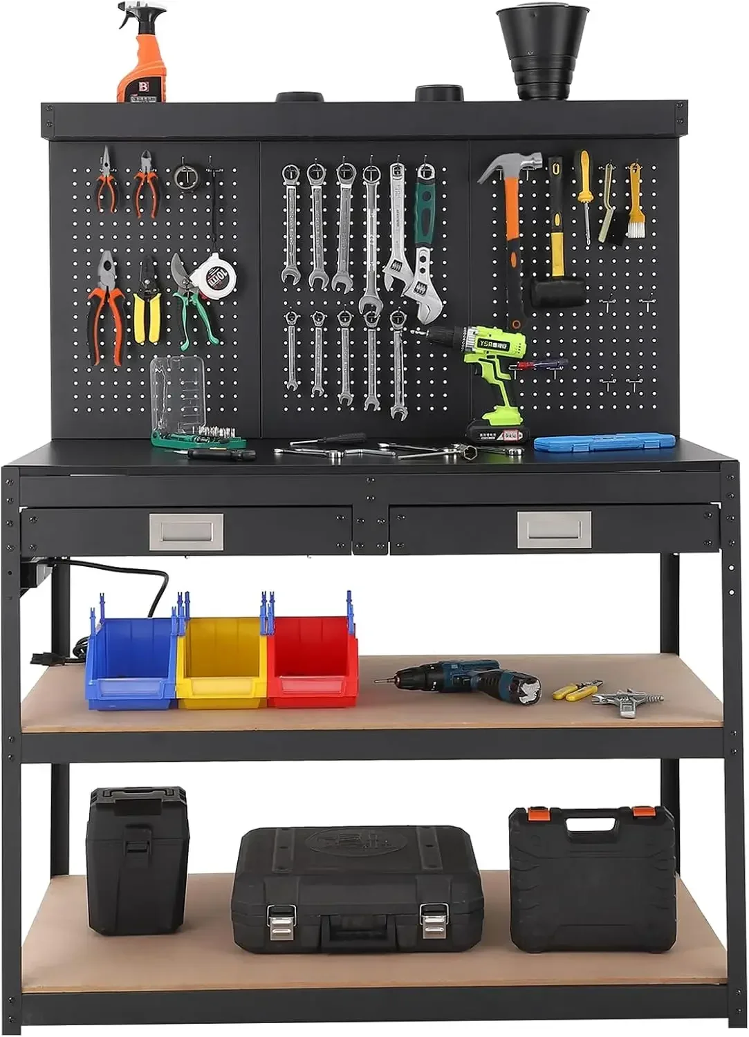 Bench for Garage,Workshop Heavy Duty Steel Workbench with Outlets,2 Drawers & 3-Level Garage Workbench with Pegboard,Durable 0.4