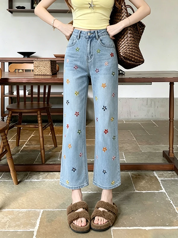Summer 2026 High Waist Bell Bottom Embroidered Floral Jeans Women's Casual Nine Point Pants Slimming Versatile Elegant Style