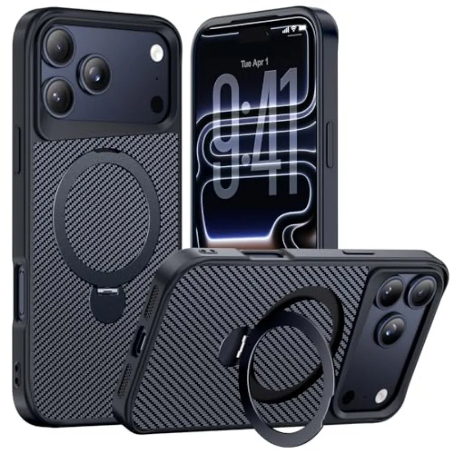 

Чехол для телефона из углеродного волокна с магнитной подставкой на 360 градусов, предназначенный для iPhone 17 Pro, с защитой от падения в стиле милитари, 15 футов и встроенным расположением
