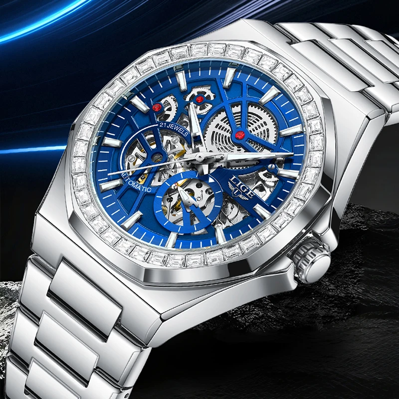 

LIGE Design Роскошные модные механические мужские часы Полый деловой ремешок из нержавеющей стали Водонепроницаемые светящиеся автоматические мужские часы