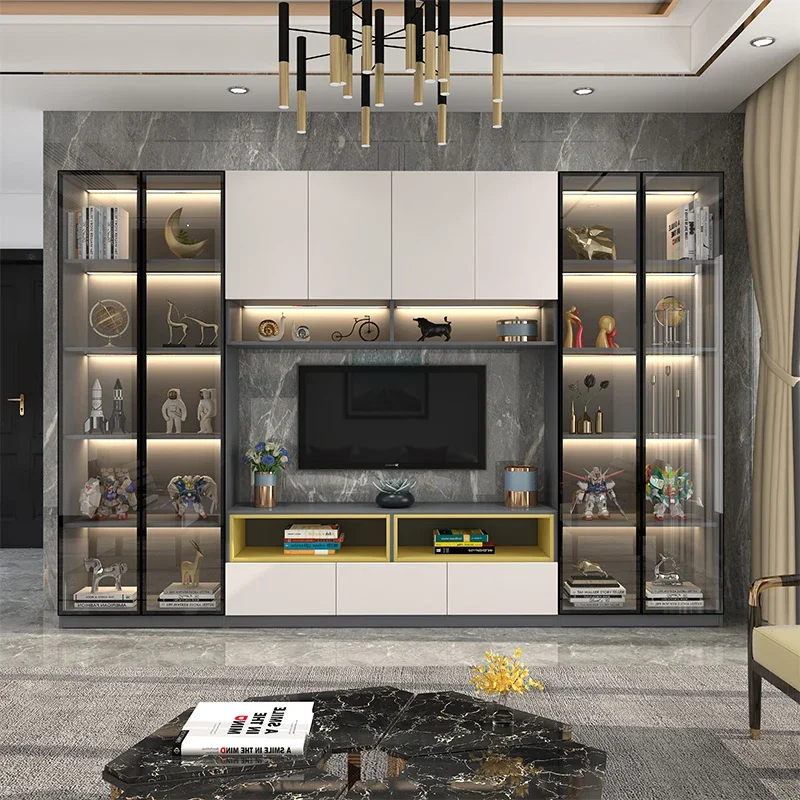 

TV Background Wall Assembled Cabinet Living Room Glass Door Light Luxury TV Cabinet Multifunctional with Light