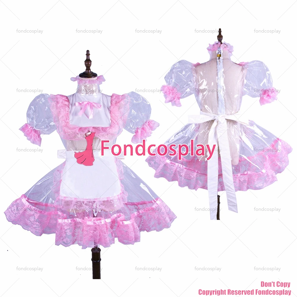 fondcosplay adult sexy cross dressing sissy maid Clear PVC lockable dress TPU white apron pink lace Uniform CD/TV[G1502]