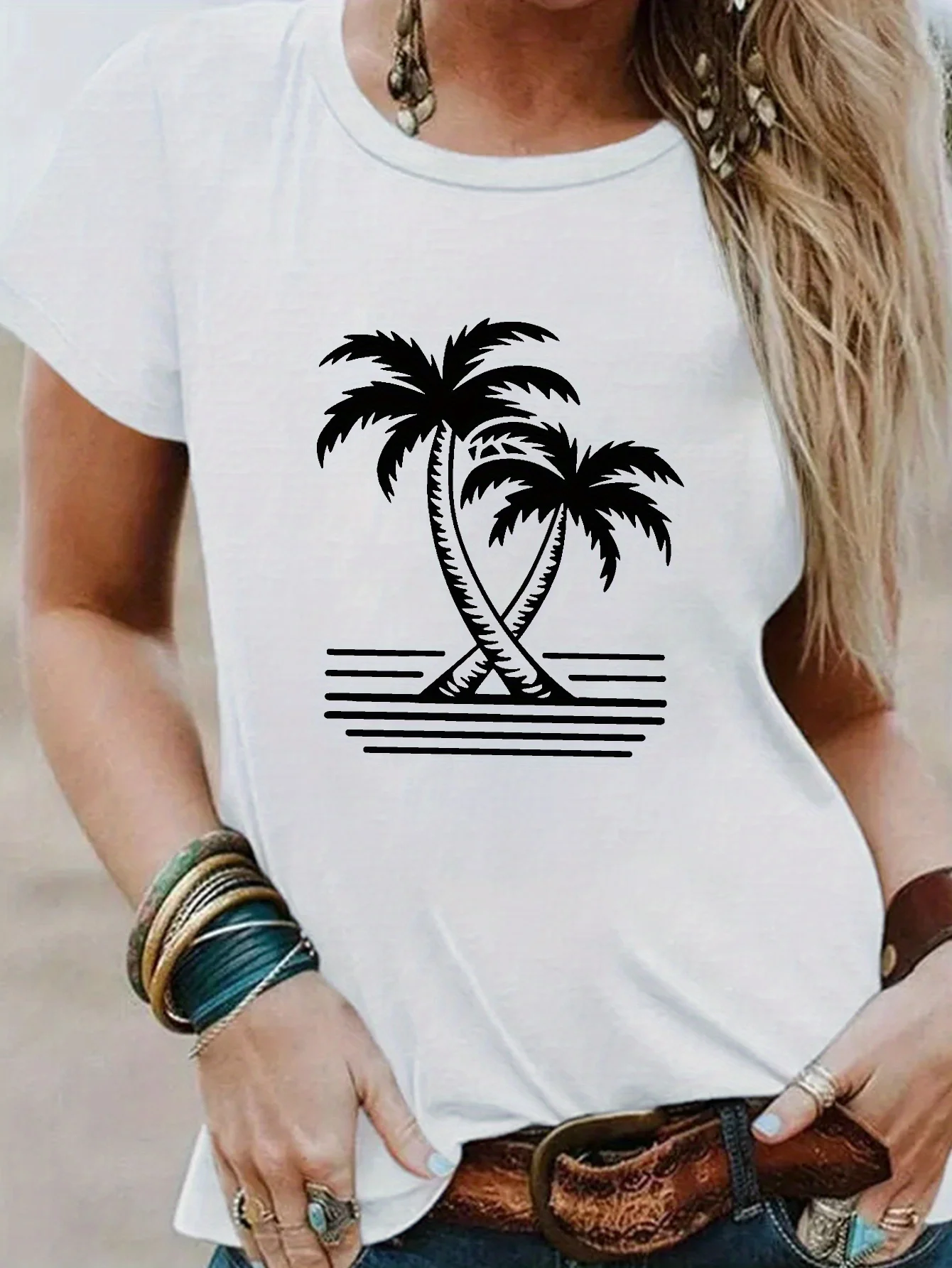 Palm Tree Print Round Neck T-Shirt, Spring and Summer Casual Short Sleeve Top, Women's Clothing