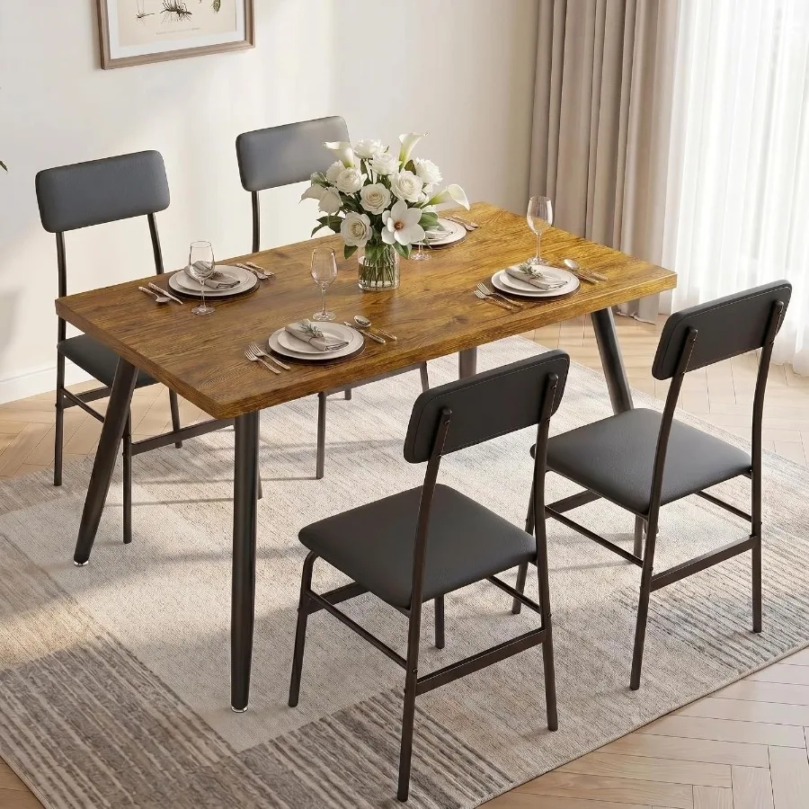 5 Piece Dining Table Set for 4: Modern Metal Wood Kitchen Dinner Table with 4 Chairs, Rustic Brown, Space-Saving for Small Spac