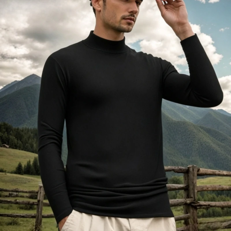 Fleece Undershirts Tops for Men Half Turtleneck Double-sided Velvet Slim-fit Warm Inner Layer T-shirt Elastic Thermal Soft Shirt