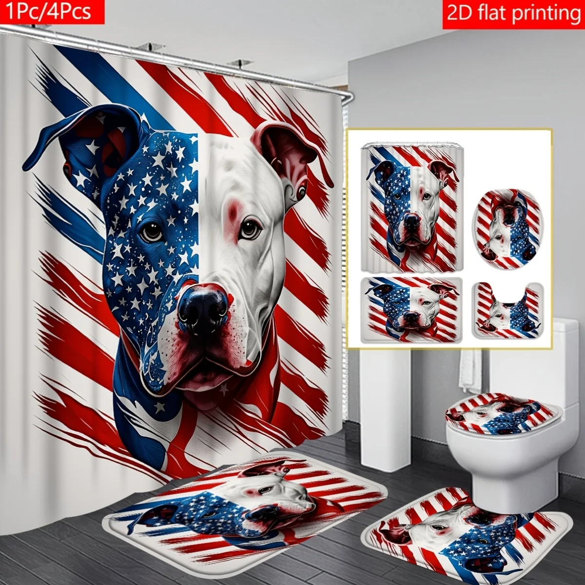 

2D Flat Stars Stripes Pitbull Shower Curtain Set Patriotic Bathroom Decor with Hooks Polyester Washable Home Art