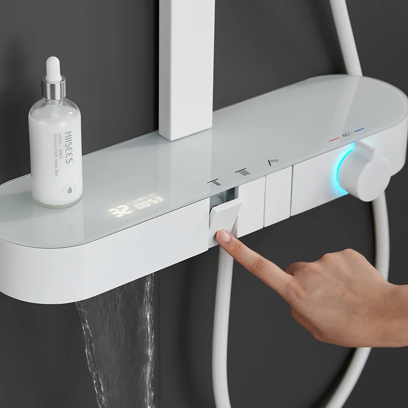 

Smart Hot Selling Household White Shower Column Waterfall Modern Bathroom Thermostatic Shower Head Piano Key Digital Shower Set