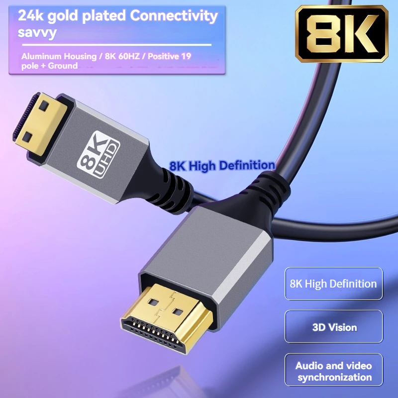 8K Mini HDMI-Compatible to HDMI Cable 4K 60Hz 120Hz Bi-Directional Mini HD 2.1 Cable for Video Card HDTV Tablet Camera Camcorder