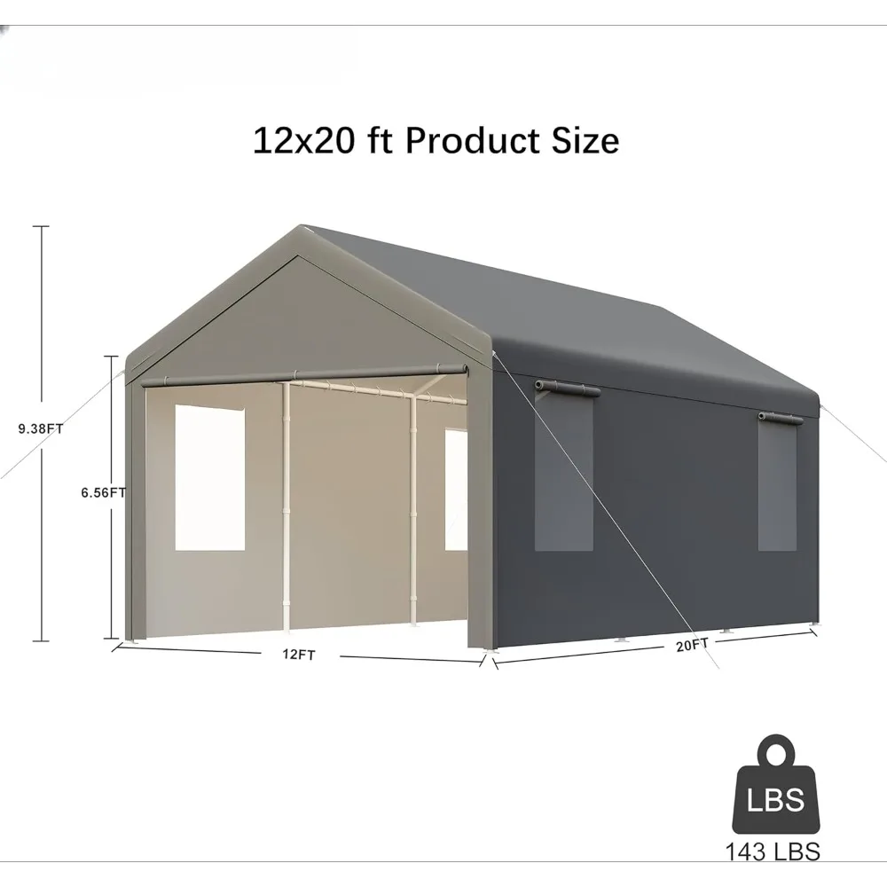 12x20 Carport Garage with 4 Roll-up Ventilated Windows for Storage, Car, Boat, Metal Shed, Heavy Duty Outdoor Carport Garage