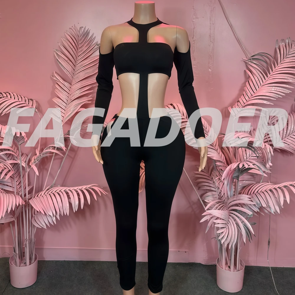 

FAGADOER Sexy Hollow-out Bodycon Jumpsuit Women Solid Color Long Sleeve Backless Rompers Female Streetwear Overalls 2025 New