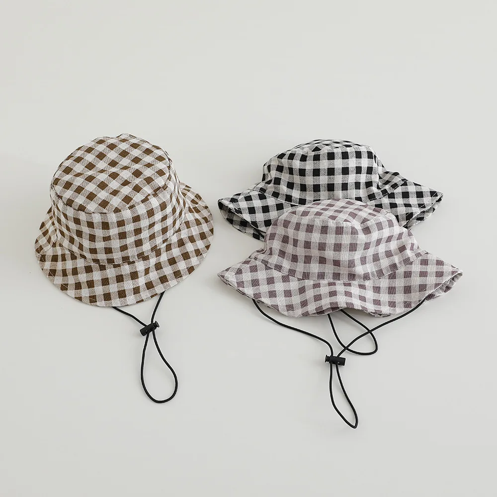 Wide Brim Autumn Sun Hat Baby Plaid Print Fisherman's Hat Children Cotton Bucket Cap for Boys Baby Girls Sunhat Kids Bonnet