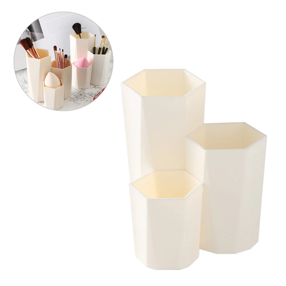 

Plastic Makeup Makeup Brush Holder Pen Container White Canister Sundries Organizer 6 Prism Desk Organizer Storage Solution