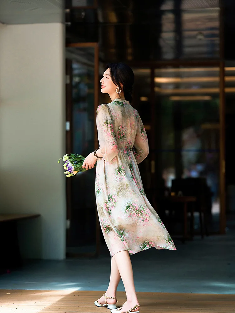 Winsleter-Women's 100%Real Silk Elegant Dress, V Neck 3/4 Sleeve Print Beading, French Vacation Dresses, 2025 Summer D56939CC