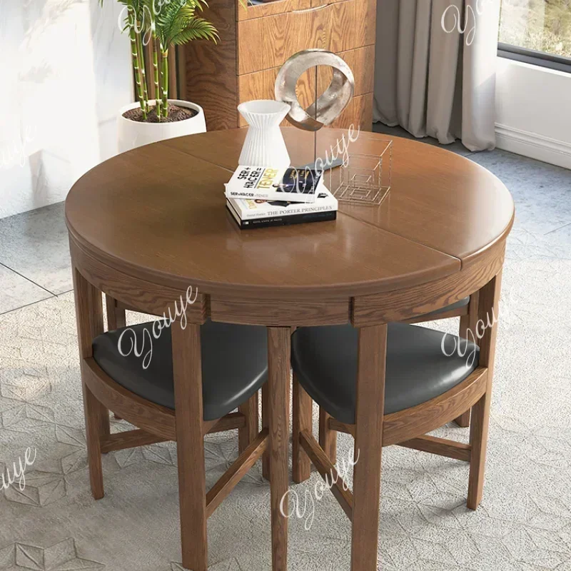 

A63 Nordic Folding Solid Wood Dining Tables and Chairs Set Modern Minimalist Multifunctional Retractable