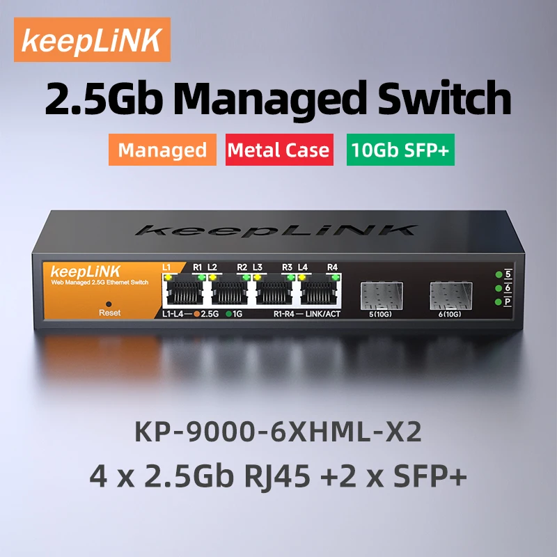 

Keeplink 6-портовый многогигабитный управляемый коммутатор с 4-2,5 ГБ Ethernet и 2-10G SFP +