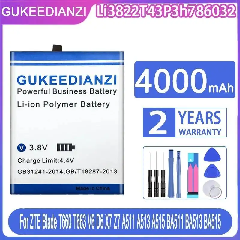 Аккумулятор для мобильного телефона Li3822T43P3h786032 4000 мАч для ZTE Blade T660 T663 V6 D6 X7 Z7 A511 A513 A515 BA511 BA513 BA515 Аккумулятор для мобильного телефона Li3822T43P3h786032 4000 мАч для ZTE Blade T660 T663 V6 D6 X7 Z7 A511 A513 A515 BA511 BA513 BA515