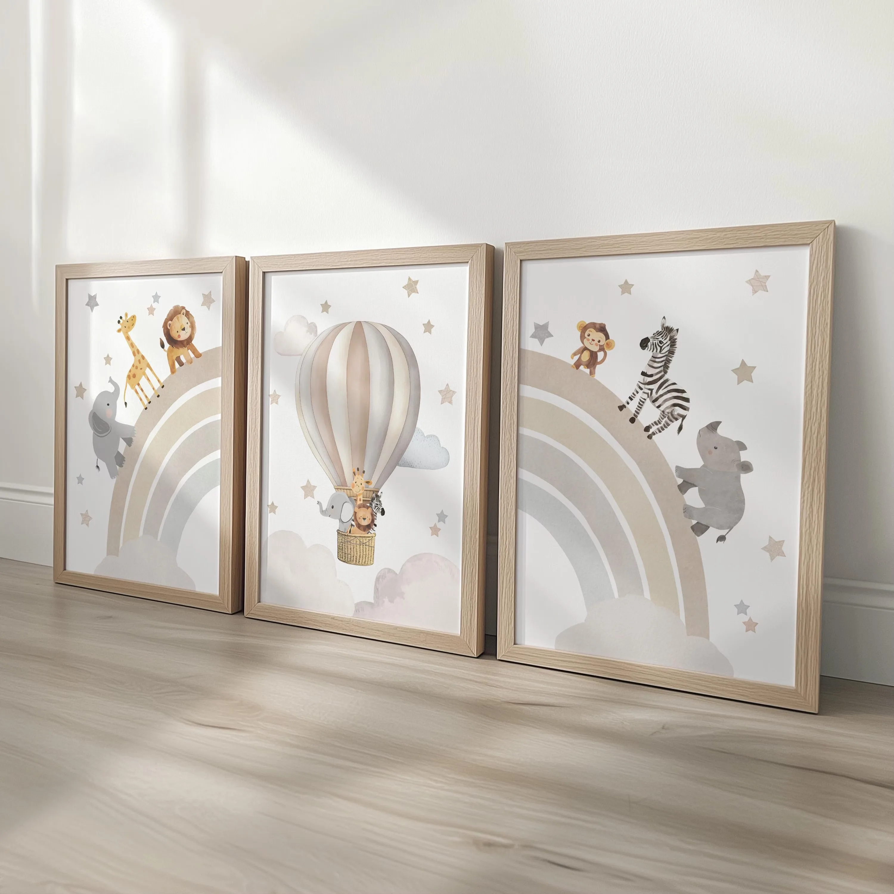 1/3pcs Elephant Giraffe Lion Safari Animal Nursery Canvas Print Beige Rainbow Hot Air Balloon Wall Art Poster for Home Decor