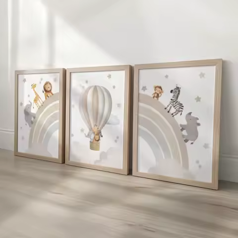 1/3pcs Elephant Giraffe Lion Safari Animal Nursery Canvas Print Beige Rainbow Hot Air Balloon Wall Art Poster for Home Decor