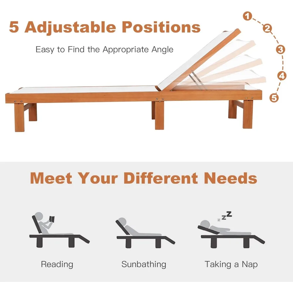 Outdoor Wood Chaise Lounge Chair, Patio Chaise Lounger with 5-Position Adjustable Back, Eucalyptus Wood Reclining Loung