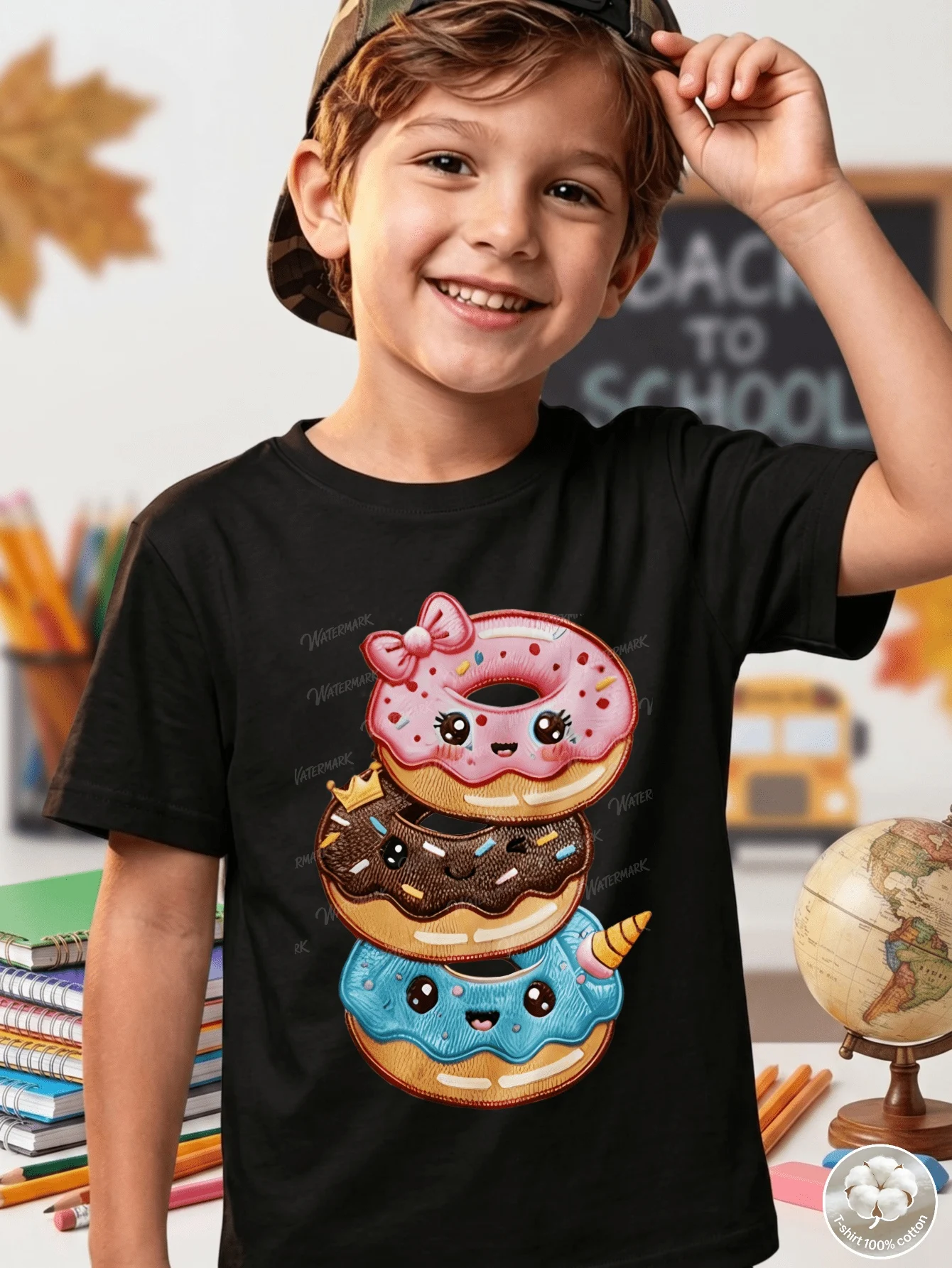 Cute Stacked Cartoon Donuts Print T Shirt Boys Girls Kawaii Sweet Food Short Sleeve Tee Family Matching Kids Cotton Tops