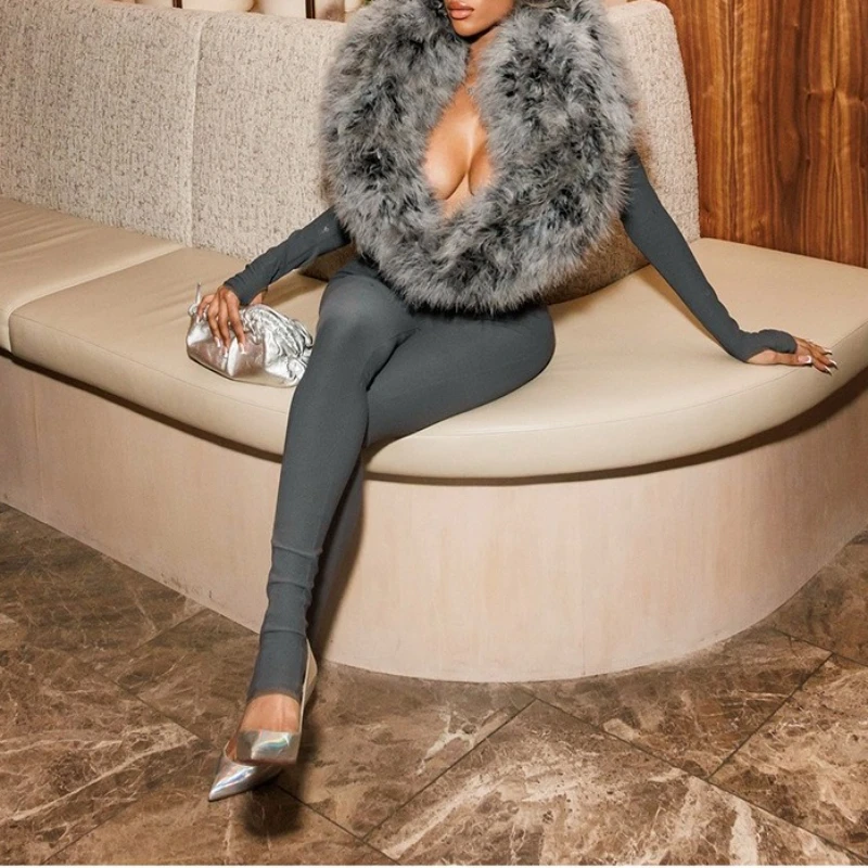 

Сексуальные облегающие комбинезоны для женщин с воротником из искусственного меха и вырезом с длинным рукавом, облегающие цельные комбинезоны для вечеринок, уличная одежда 2025 года, осень-зима