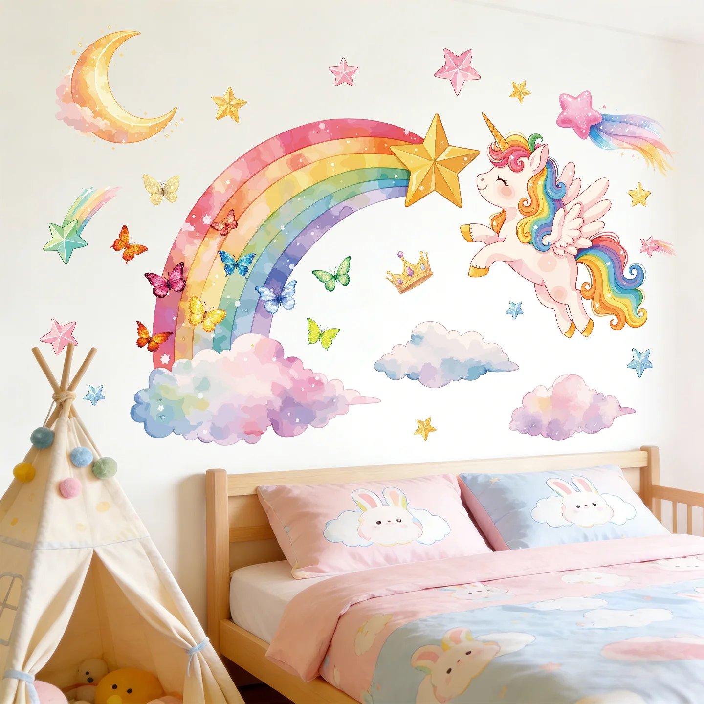 Rainbow Unicorn Wall Decals, Removable Colorful Unicorn Rainbow Stars Moon Clouds Wall Stickers, Kids Girls Bedroom Nursery
