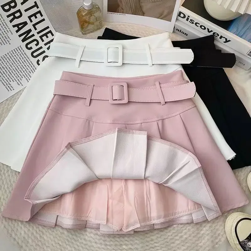 Kids Girls Pleated Skirts Pink Black White 2023 New Children Casual Skirts With Belt Korean Style Teenage Girls Dance Skirt