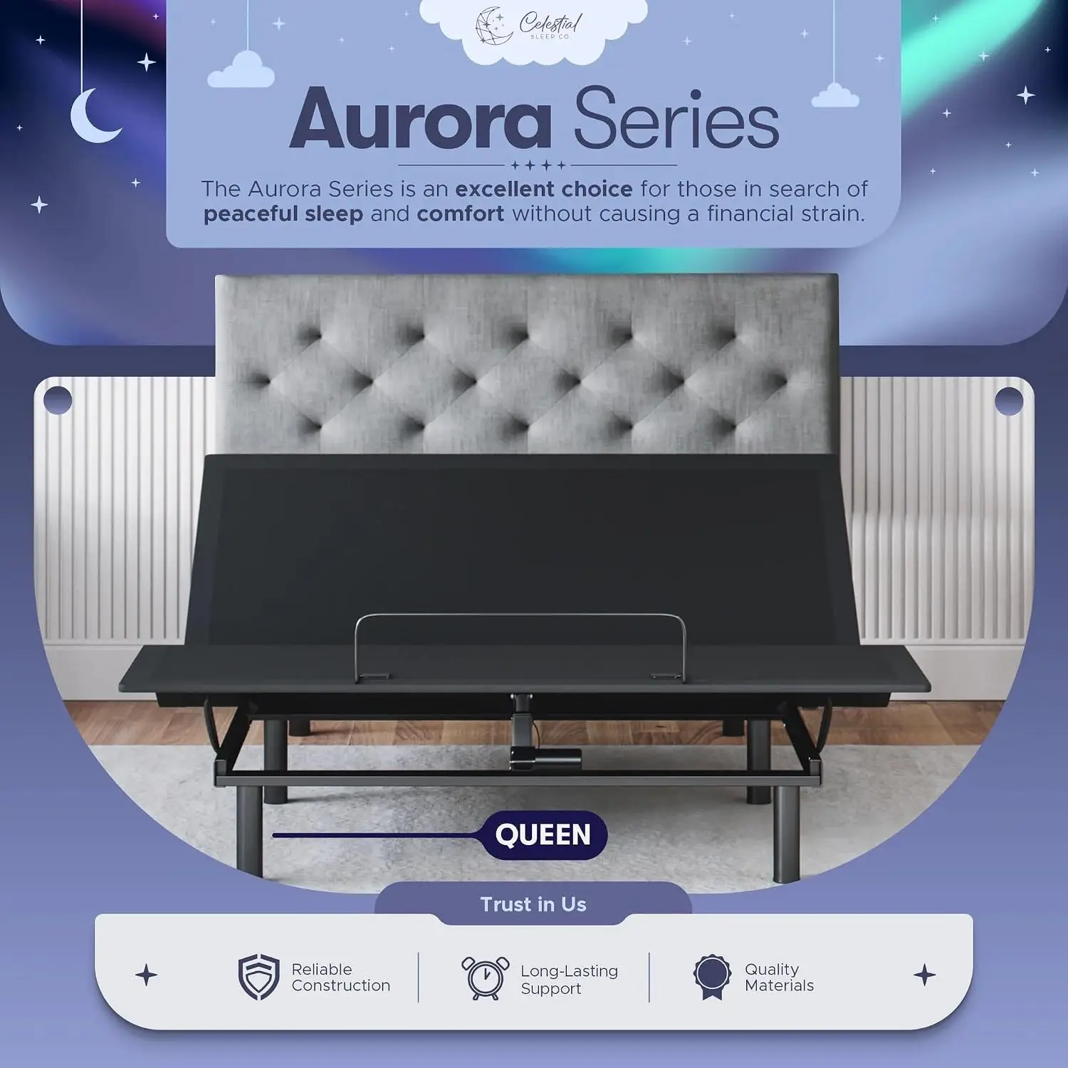 Adjustable Bed Base, Head & Foot Lift, Zero Gravity, Memory Positions, Easy Assembly, Queen, Customized