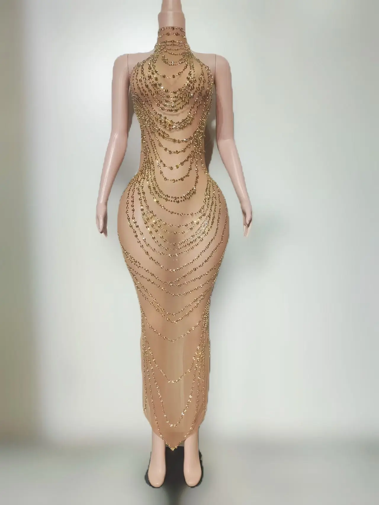 Qianceng Роскошное женское платье без рукавов с золотой бриллиантовой цепочкой, перспективное сетчатое платье знаменитости, платья для дня рождения, свадьбы, банкета, выпускного вечера