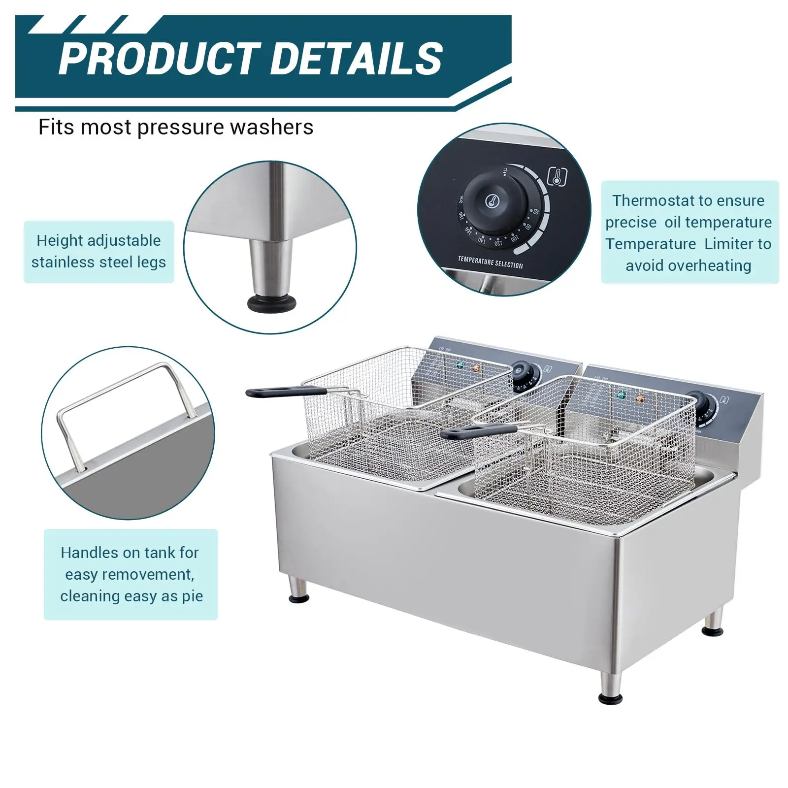 11.6/23.2 Q.T مقلاة عميقة تجارية 1700/3400 واط مقلاة كهربائية من الفولاذ المقاوم للصدأ مع غطاء سلة للتحكم في درجة الحرارة