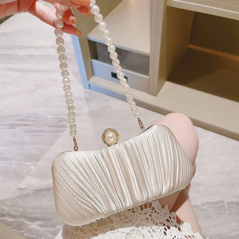 

Elegant Silk Evening Bag for Women, Fashion Banquet Clutch with Pearl Chain, Luxury Shoulder Purse for Wedding Party and Events