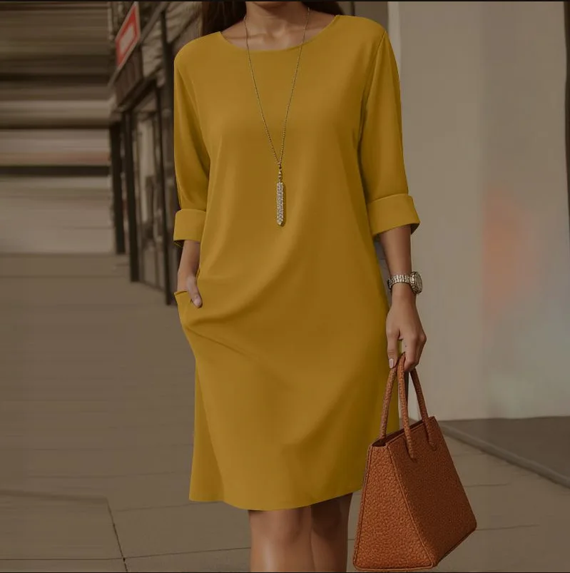 Casual Half Sleeve Loose Midi Dress Women Summer 2026 Fashion Solid Color O-neck Dresses Elegant Vestidos view 4